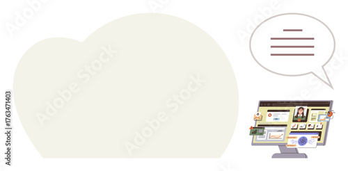 Desktop screen displaying digital workspace with tools, documents, and video calls alongside a speech bubble. Ideal for virtual meetings, collaboration, remote work, e-learning, communication