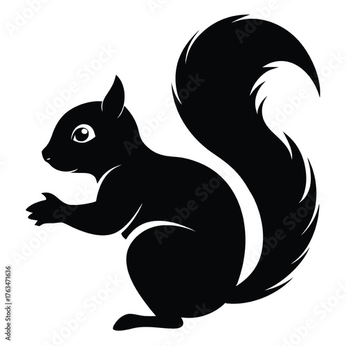 Black silhouette of a squirrel with a bushy tail white