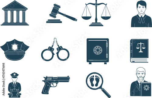 law and justice icons vector, courthouse gavel scales and police illustration for legal branding, crime prevention, and educational design projects