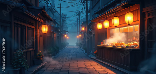 Dark Japanese street alley at night. Warm glowing lanterns illuminate traditional buildings, cozy street food stall. Steam rises from delicious hot meals ready to eat. Paved path leads through mystic