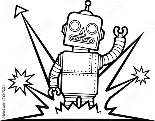 retro robot hero vector, dynamic comic illustration with action lines and starbursts for futuristic victory and sci fi design projects