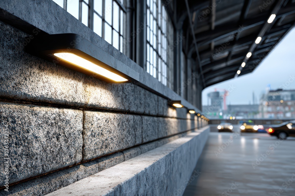 Fototapeta premium A perspective view of a gray stone wall with modern lighting fixtures illuminating a covered outdoor space at dusk, with cars and city buildings in soft focus in the background.