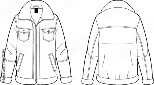 Shearling jacket vector illustration, front and back view, zip closure with chest and welt pockets, fashion CAD drawing, winter apparel flat sketch