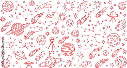 cosmic pattern vector, red line art illustration with planets stars and UFOs for playful creative and fantasy design projects