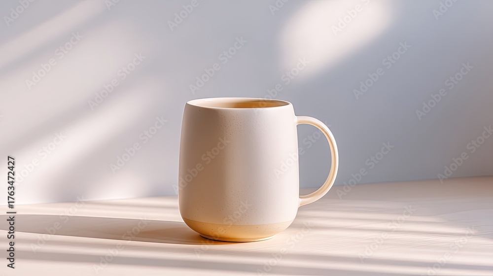 Fototapeta premium Elegant minimalist ceramic mug with soft shadows on a bright surface and a light background for modern decor and lifestyle imagery