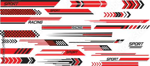 racing sport decals vector, red and black checkered flag illustration for automotive customization and speed themed creative projects