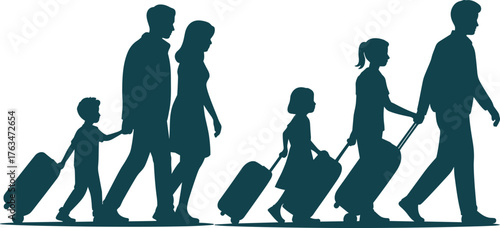 Travel silhouettes, family journey, people walking, wheeled suitcases, vacation concept, black figures, white background, group movement, tourism, airport scene