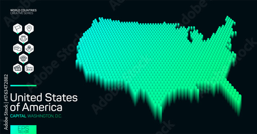 Isometric map of United States of America with green hexagons
