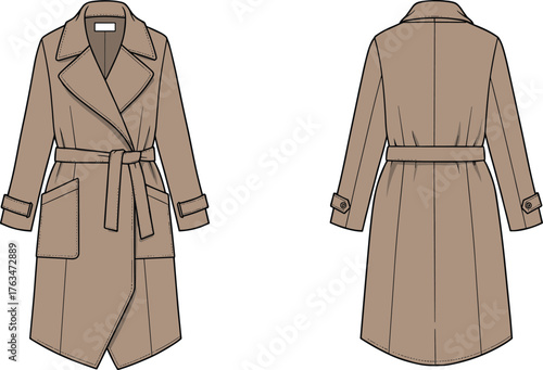 Fashion vector illustration of women’s trench coat front and back view with belt, lapel collar, pockets, and stylish design