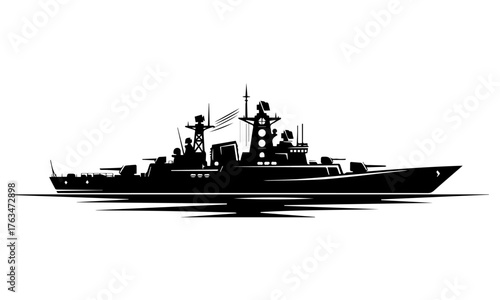 Monochrome Modern Destroyer Warship Vector Silhouette