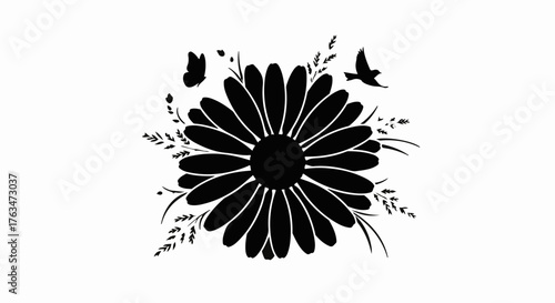 Elegant black silhouette of a daisy with delicate butterflies and birds, symbolizing nature's gentle beauty.