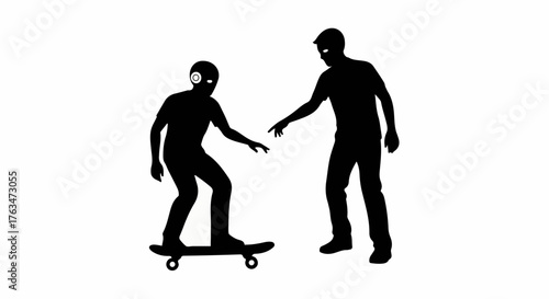 Mentor guiding a person learning to skateboard with helpful gesture on white background