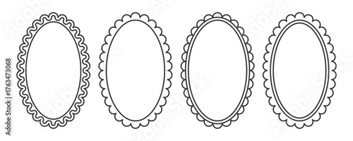 Retro packaging label border. Line art scallop oval frame set. Cute labels design for branding. Gift tag vector template. Elegant ellipse outline for invitation, wedding, handmade product package