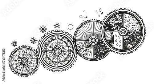 Whimsical gears illustrating the changing seasons, from delicate snowflakes to blooming flowers and falling rain.
