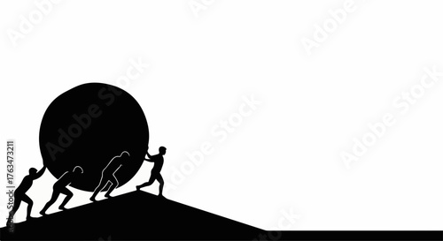 Silhouettes of people pushing a large dark sphere uphill, representing effort and teamwork.