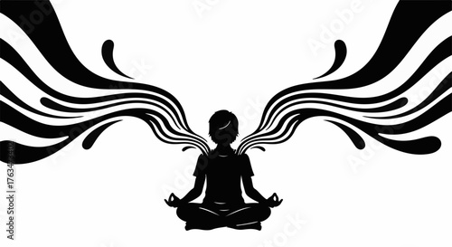 Silhouette of a person meditating with abstract flowing energy wings expanding outwards.