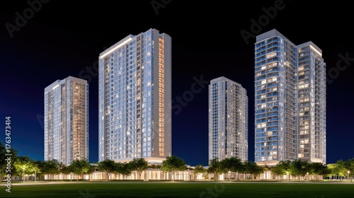 Modern Urban Skyscrapers at Night with Illuminated Windows and Lush Greenery in Front of Buildings