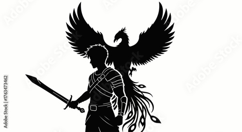 Warrior with sword standing strong with a powerful phoenix symbol behind him