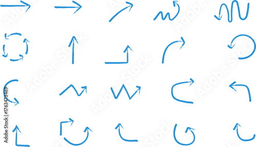 Blue doodle arrow vector set, hand drawn sketch arrows pack with curved, straight, and twisted designs isolated on white background