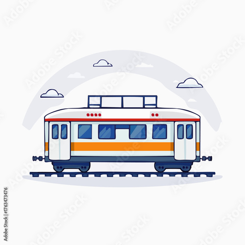 A charming illustration of a classic train car on tracks, with a subtle sky background.