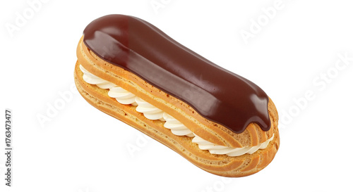 Chocolate eclair dessert with cream filling and shiny glaze  