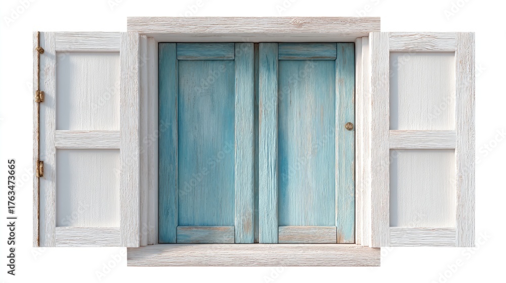 Fototapeta premium Rustic Blue Wooden Window Shutters with Open White Frame Against Light Background