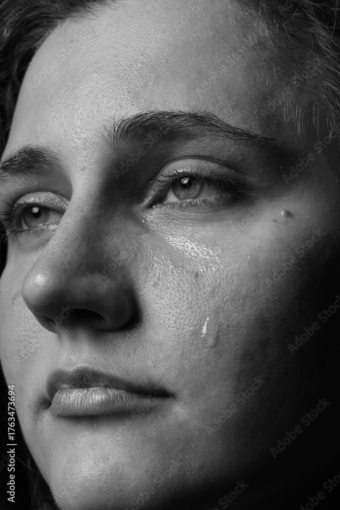 Obraz premium Closeup view of sad young woman crying. Black and white effect