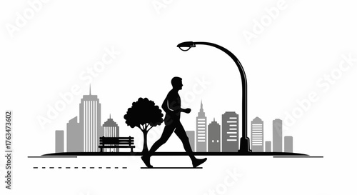 Silhouette of a person jogging in an urban park with city skyline in the background