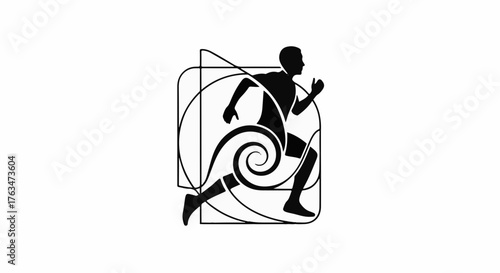 Dynamic silhouette of a runner in motion, captured within abstract swirling lines, symbolizing speed and energy.