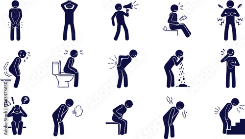 stick figure health icons vector, diverse medical ailment and discomfort illustration for educational healthcare and wellness infographic designs