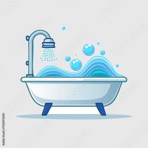 Bathtub with Running Water and Bubbles Illustration.
