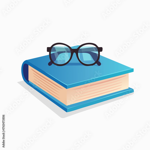 Blue book with glasses, reading and education concept.