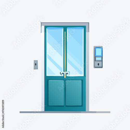 Blue Double Doors with Security Features Illustration.