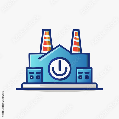 Blue Factory Building with Power Symbol Icon.