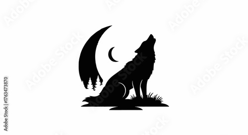 Silhouette of a wolf howling at a crescent moon under a starry night sky.
