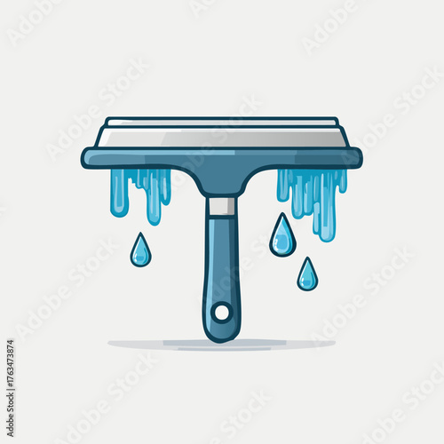 Blue Squeegee with Water Droplets Cleaning Glass Surface.