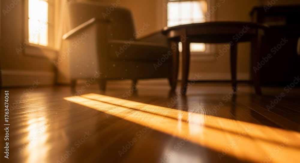 Fototapeta premium Warm sunlight interior scene with hardwood floor chair and table