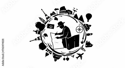 Adventurous explorer planning a global journey surrounded by iconic landmarks and travel essentials.