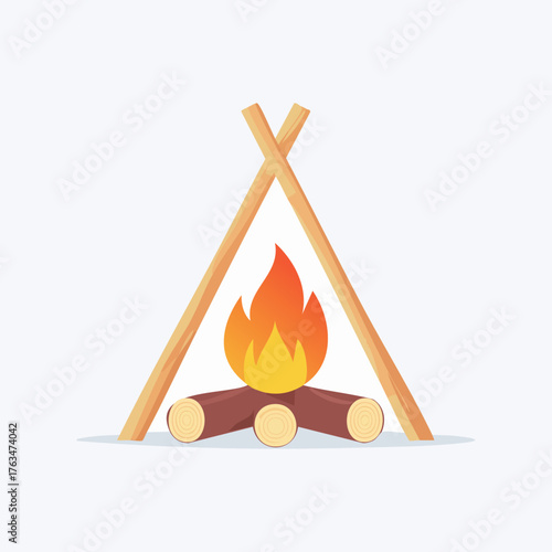 Campfire illustration with burning flames and wooden logs.