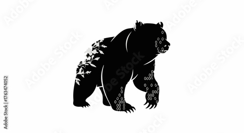 Majestic black bear with intricate floral patterns walking forward