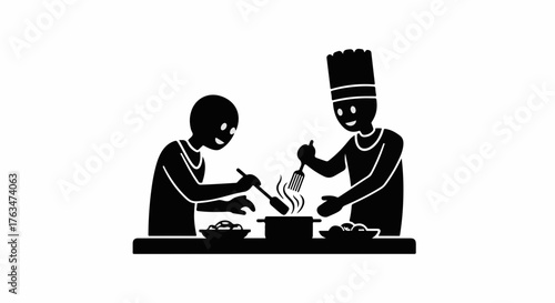 Two chefs collaborating in the kitchen, preparing a delicious meal together with steam rising from the pot.