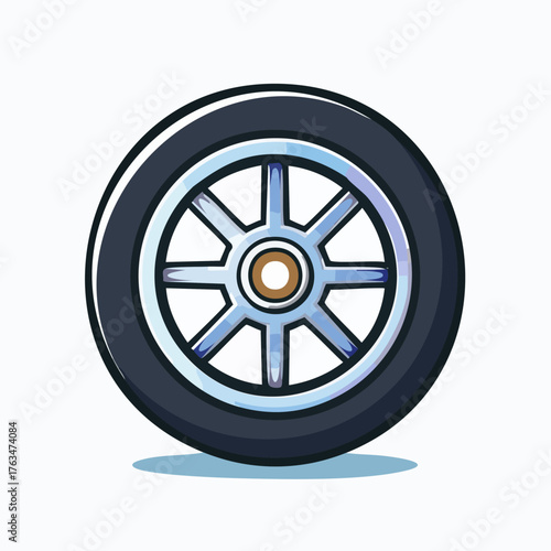 Cartoon Car Wheel with Silver Rim and Black Tire.