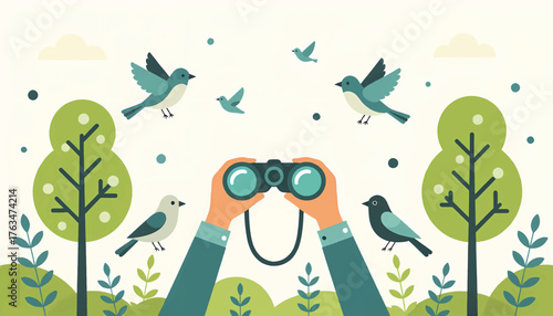 Birdwatching concept from a first-person view. Flat design vector illustration of hands holding binoculars. Outdoor nature and wildlife observation hobby