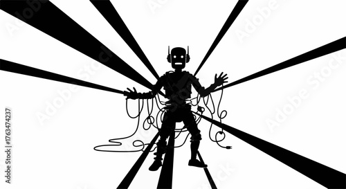 Overwhelmed robotic figure entangled in wires, struggling against a vortex of lines