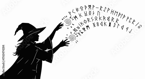 Mysterious witch casting ancient runes with magical energy emanating from her hands