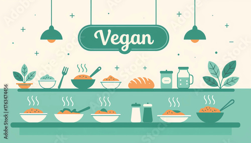 Vegan food buffet illustration. Flat design of a restaurant counter with healthy plant-based meals. Vector graphic for vegetarian and organic lifestyle concepts