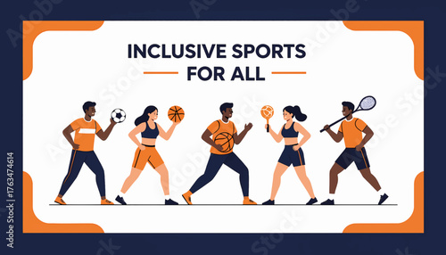 Inclusive sports for all vector banner. A diverse group of multi-ethnic athletes with sports equipment. Modern flat design illustration