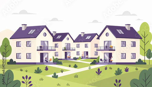 Illustration of a modern suburban neighborhood with townhouses. Residential real estate and community living concept. Flat design vector graphic