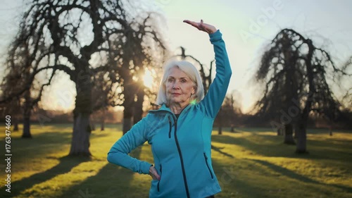 Fit senior woman doing yoga exercise morning routine with sunrise at countryside - Freedom and healthy lifestyle concept - Model by AI generative 