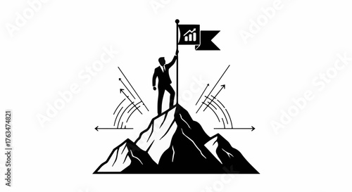 Determined businessman plants flag of success atop a mountain peak, symbolizing achievement and growth.